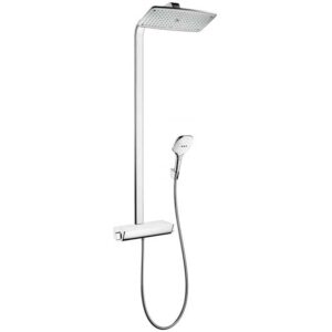 Columna de ducha termostática Hansgrohe Raindance Select 360 cromada y blanca